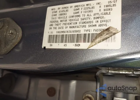 2007 Honda Accord 2.4 Ex from USA, damaged, VIN 1HGCM56767A165902